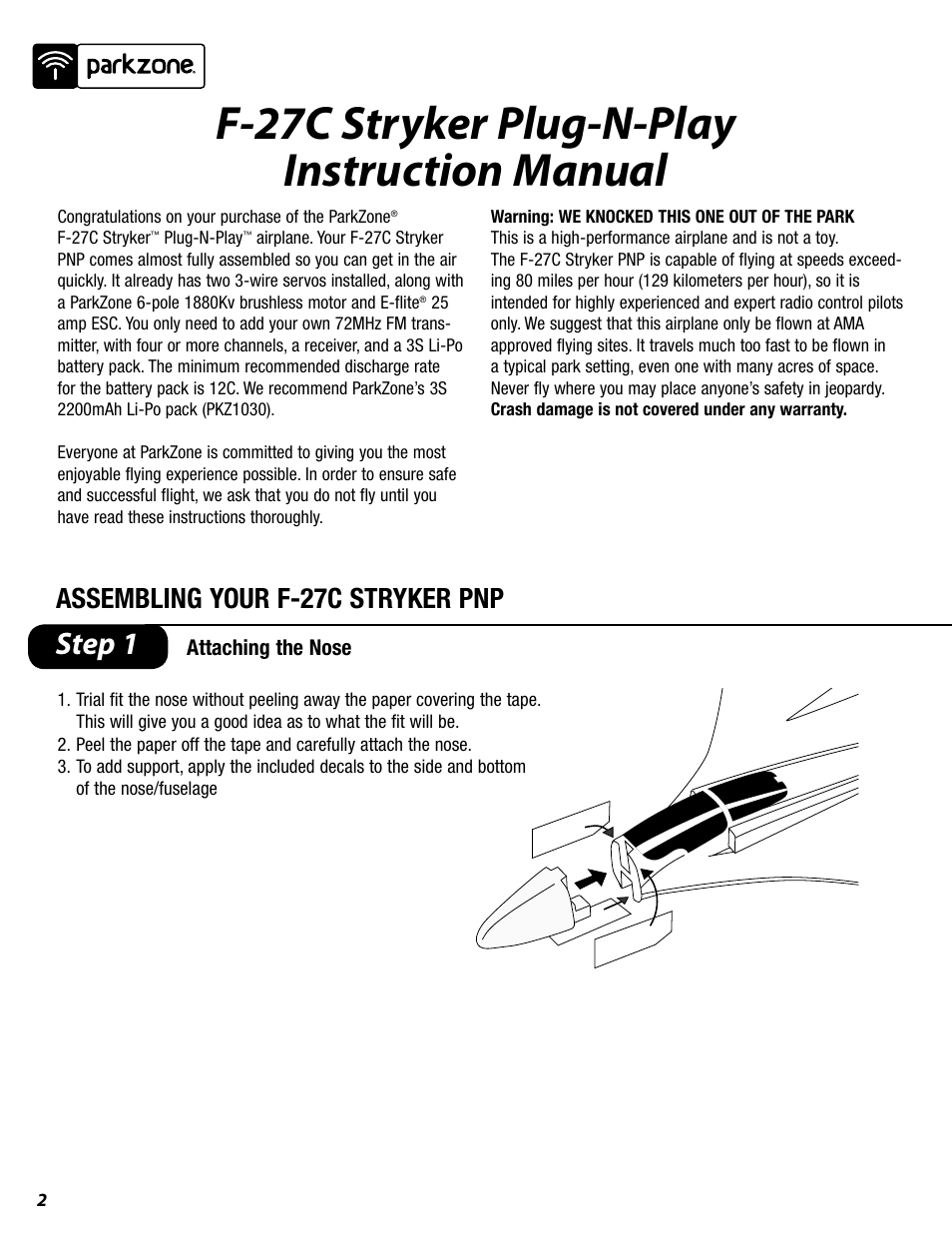 F-27c stryker plug-n-play instruction manual, Step 1, Assembling your f-27c stryker pnp | ParkZone PKZ4275 User Manual | Page 3 / 12