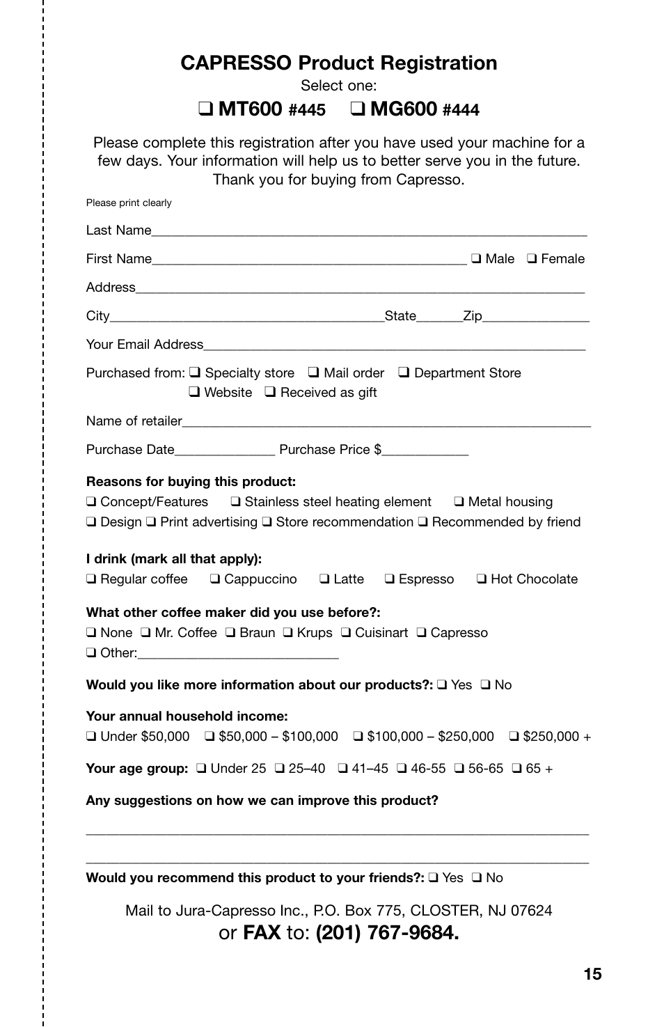 Capresso product registration, Mt600, Mg600 | Capresso MG600 User Manual | Page 15 / 15