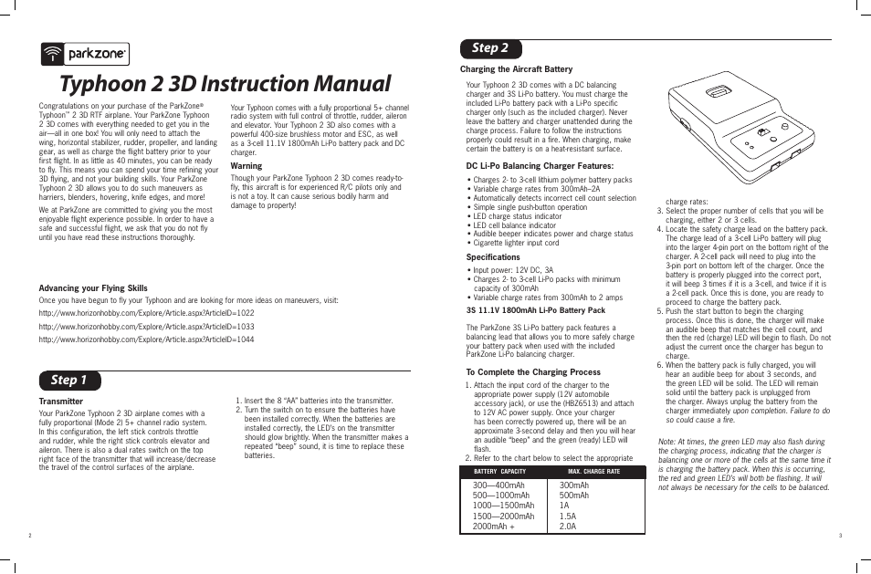 Typhoon 2 3d instruction manual, Step 2 step 1 | ParkZone PKZ4300 User Manual | Page 2 / 9