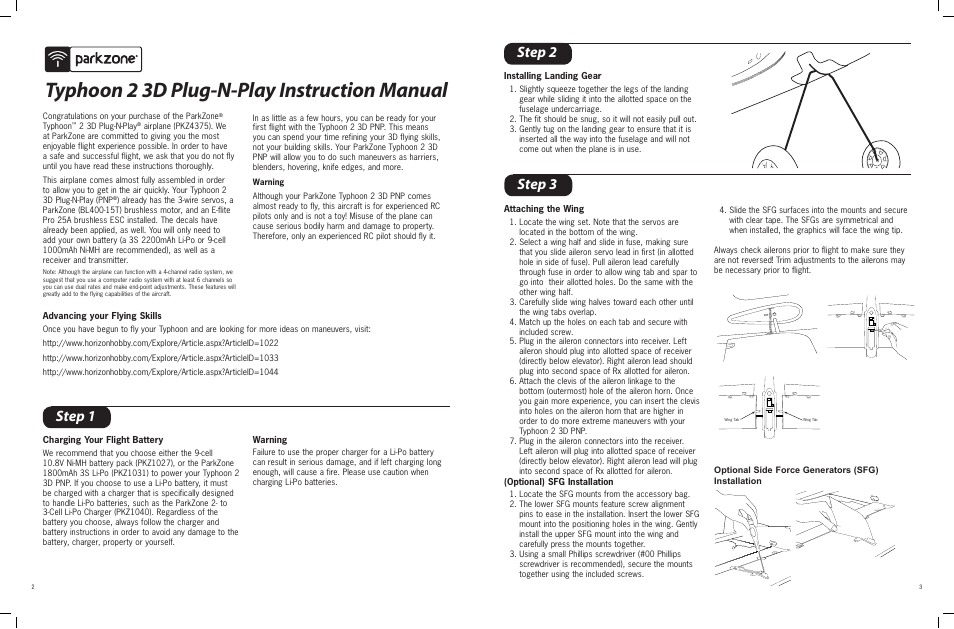 Typhoon 2 3d plug-n-play instruction manual, Step 2 step 1 step 3 | ParkZone PKZ4375 User Manual | Page 2 / 7