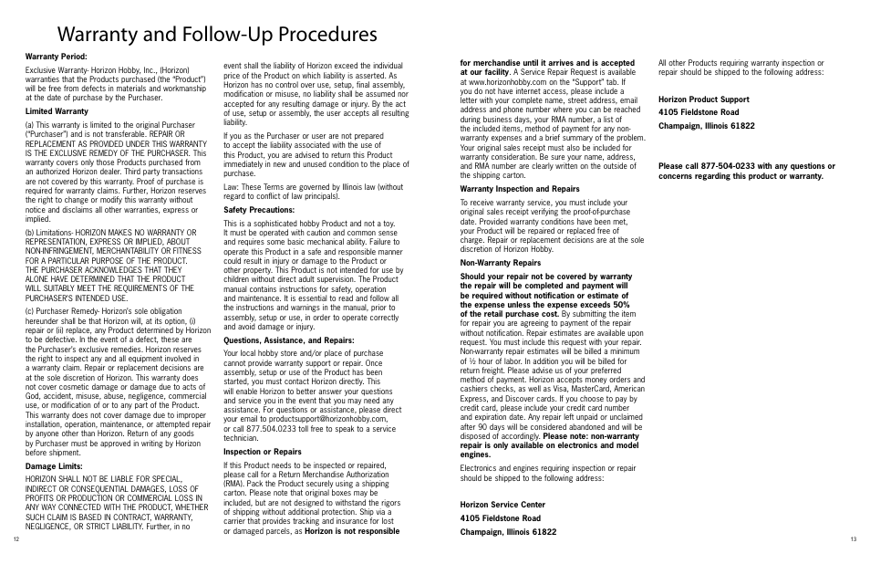 Warranty and follow-up procedures | ParkZone PKZ4400 User Manual | Page 7 / 9