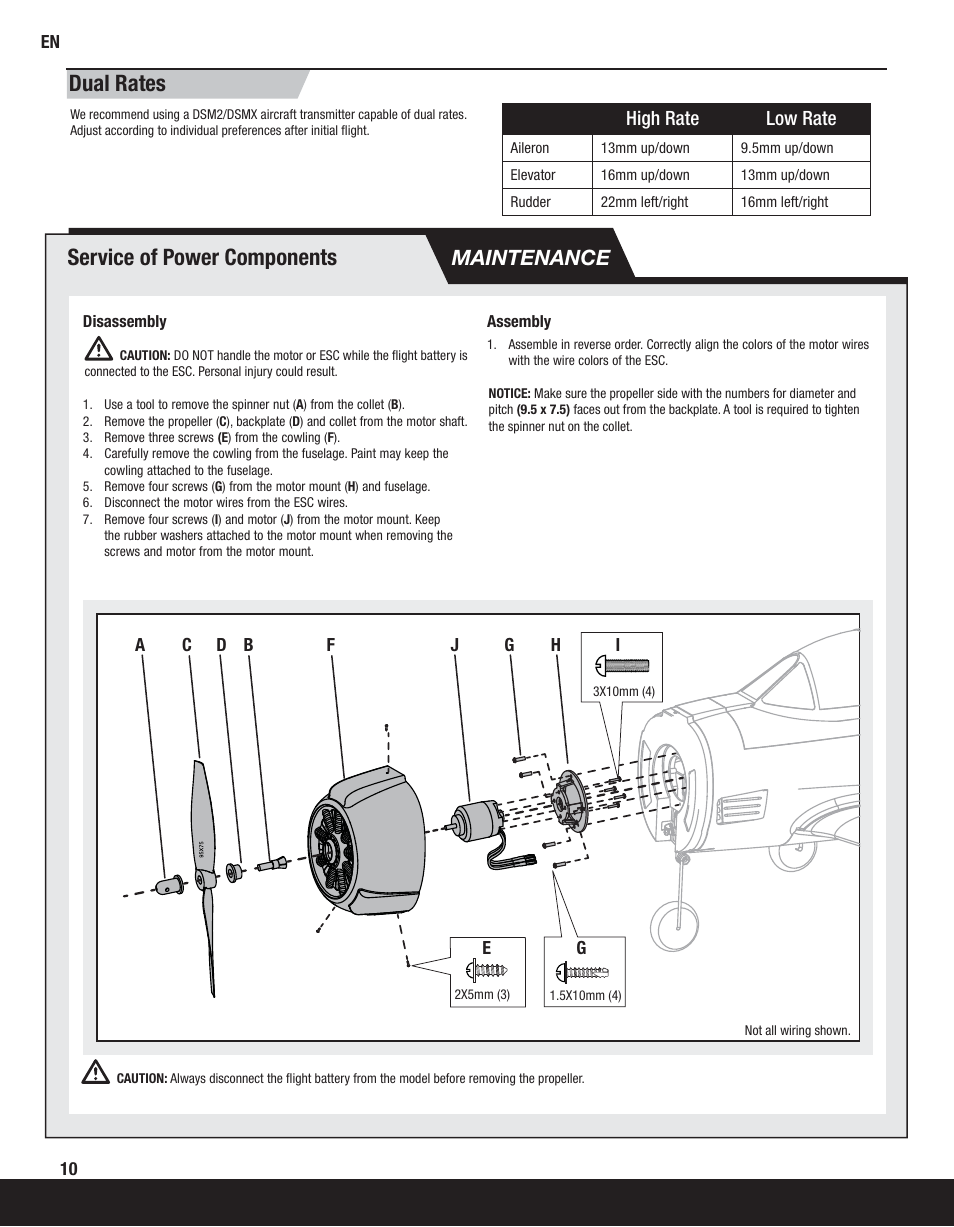 Dual rates service of power components, Maintenance | ParkZone PKZ4475 User Manual | Page 10 / 64