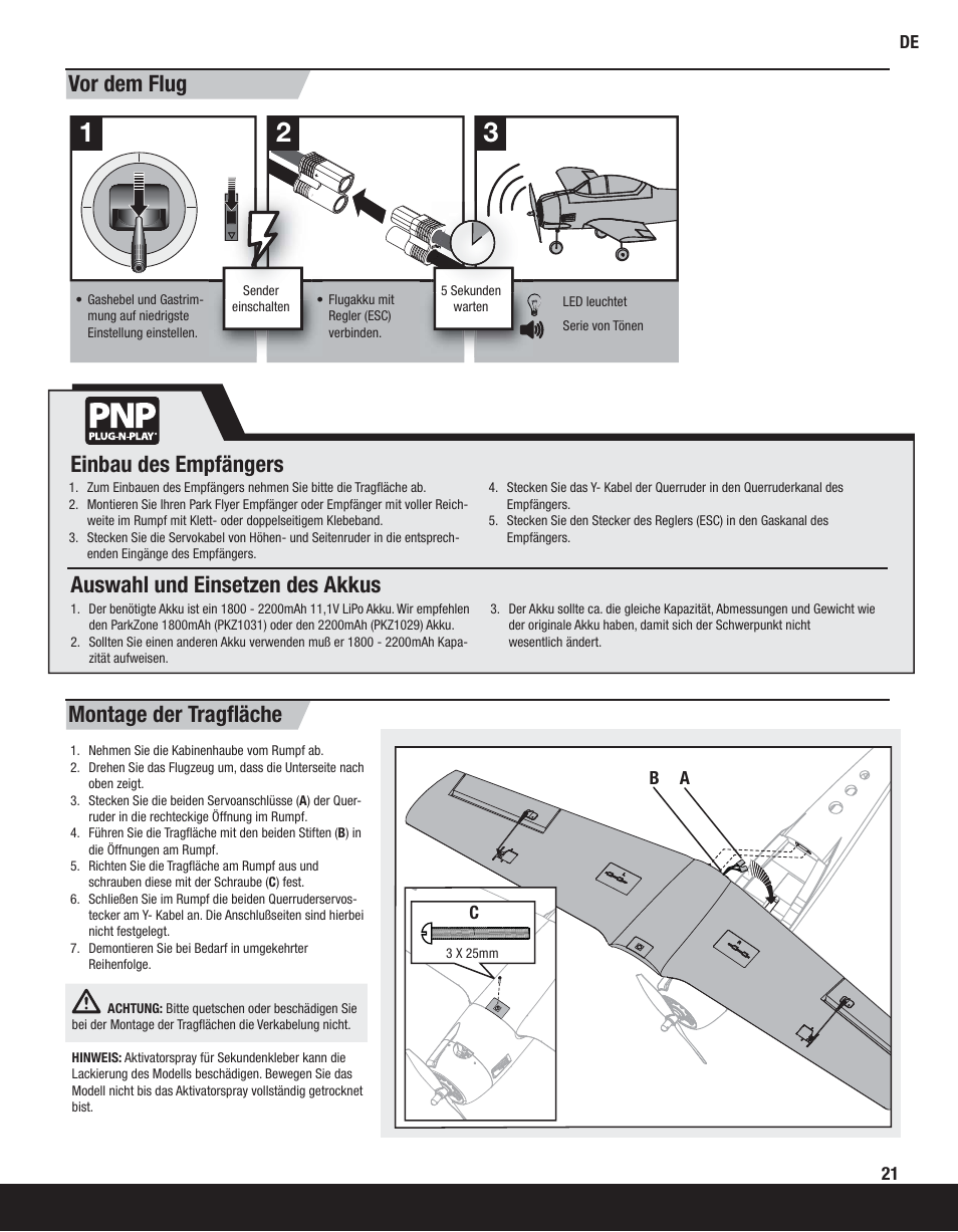 Vor dem flug montage der tragﬂ äche | ParkZone PKZ4475 User Manual | Page 21 / 64