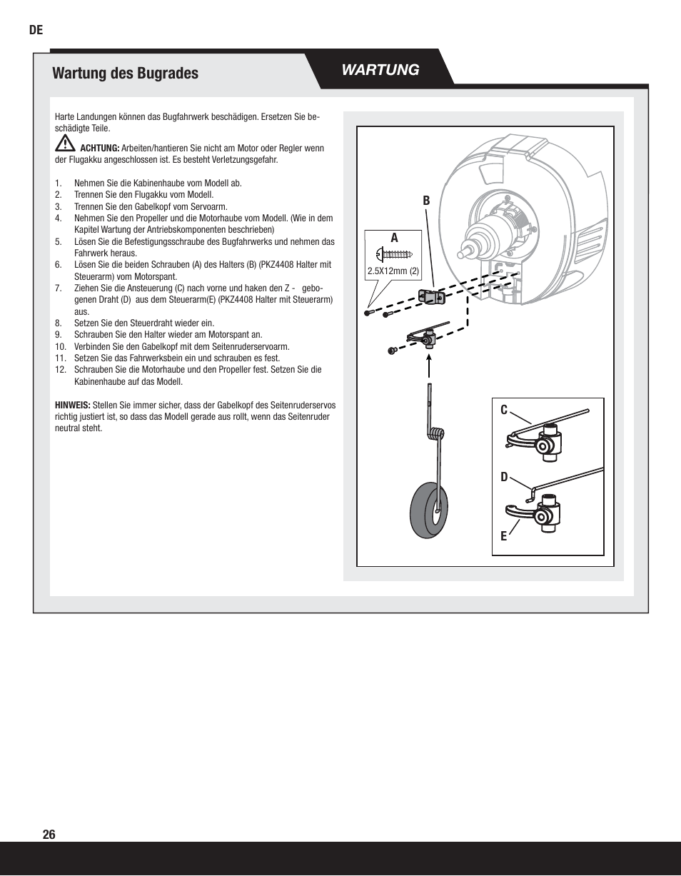 Wartung des bugrades, Wartung, Ab c d e | ParkZone PKZ4475 User Manual | Page 26 / 64