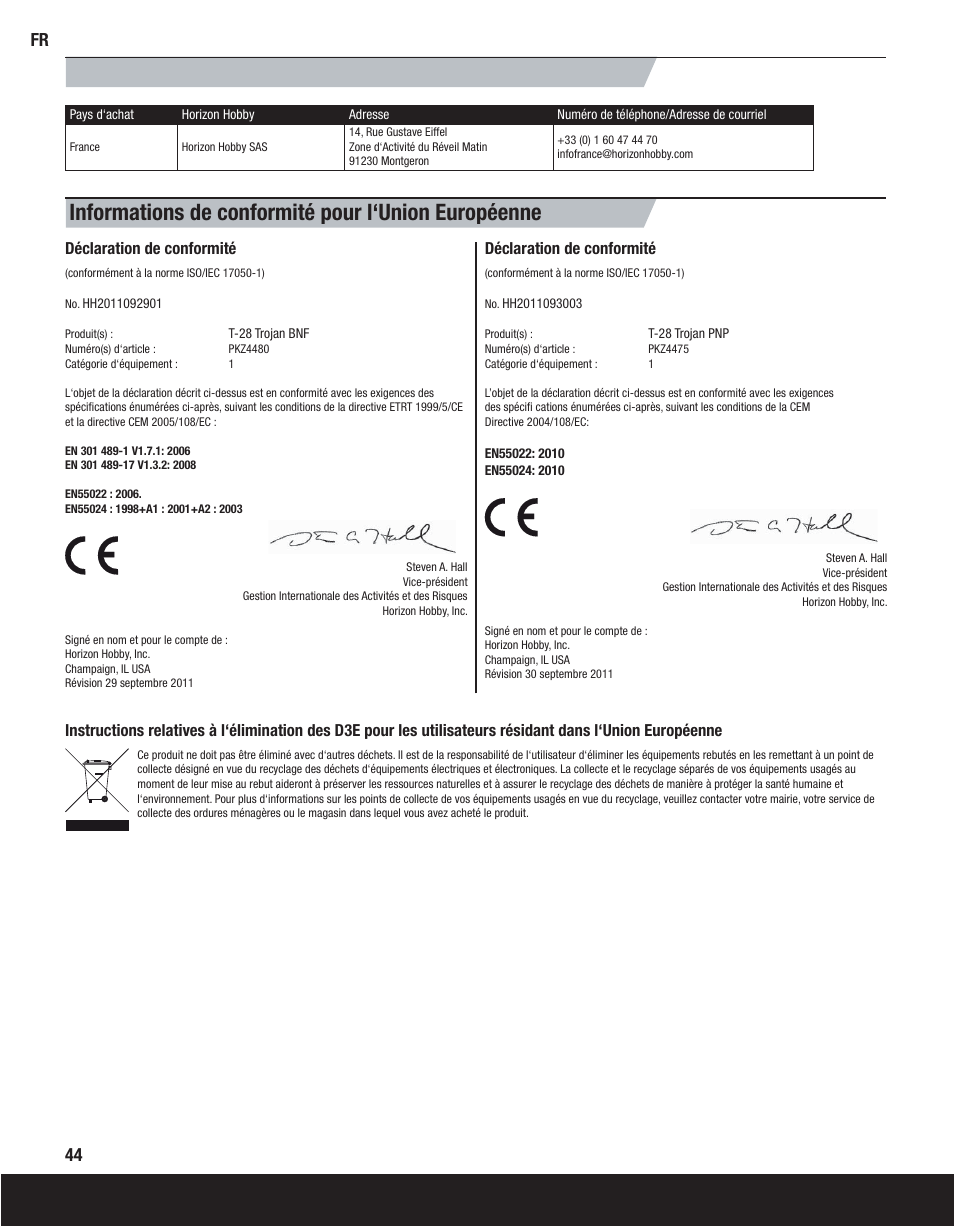 Informations de contact, Informations de conformité pour l‘union européenne, 44 fr | ParkZone PKZ4475 User Manual | Page 44 / 64