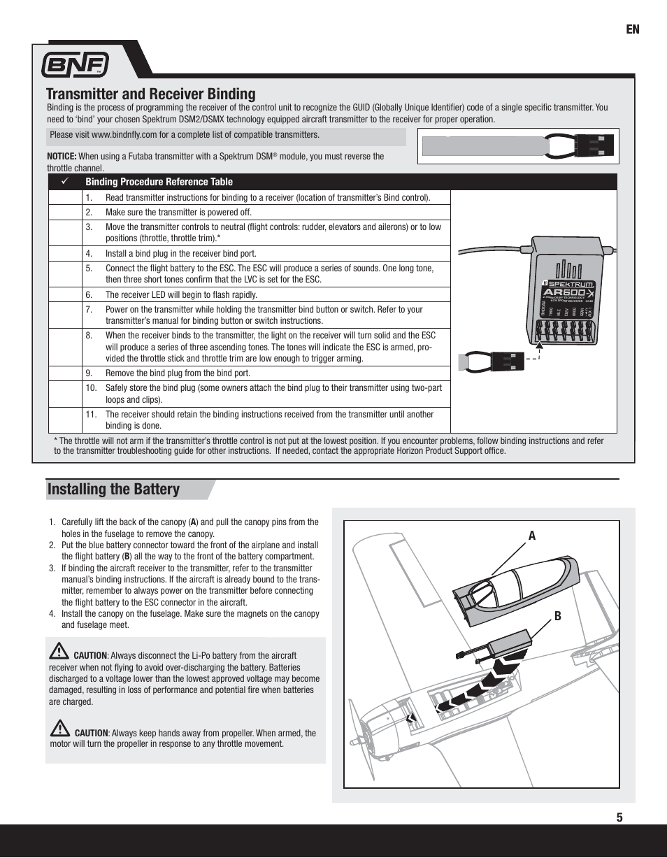 Transmitter and receiver binding, Installing the battery | ParkZone PKZ4475 User Manual | Page 5 / 64