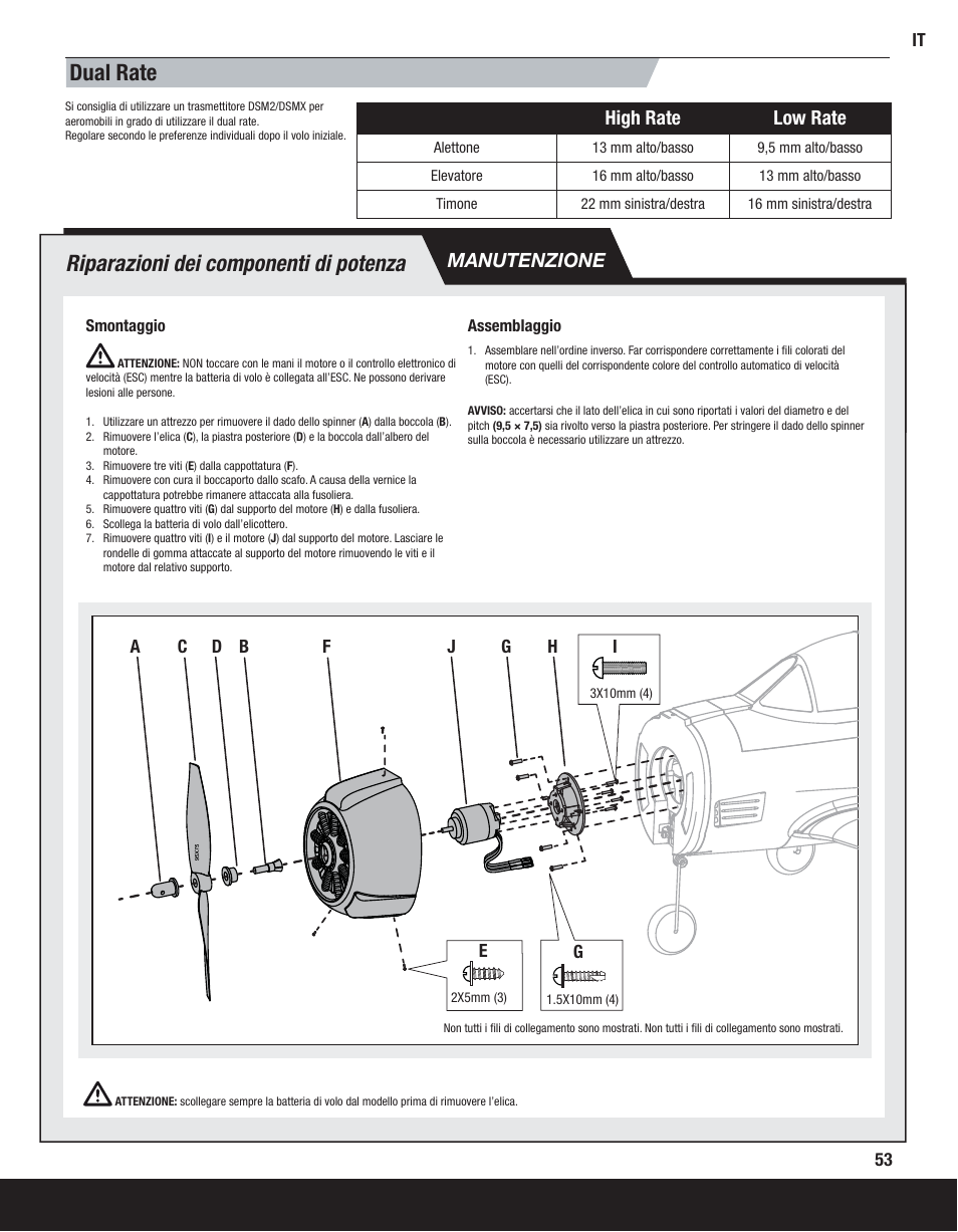 Dual rate, Riparazioni dei componenti di potenza, High rate low rate | Manutenzione | ParkZone PKZ4475 User Manual | Page 53 / 64