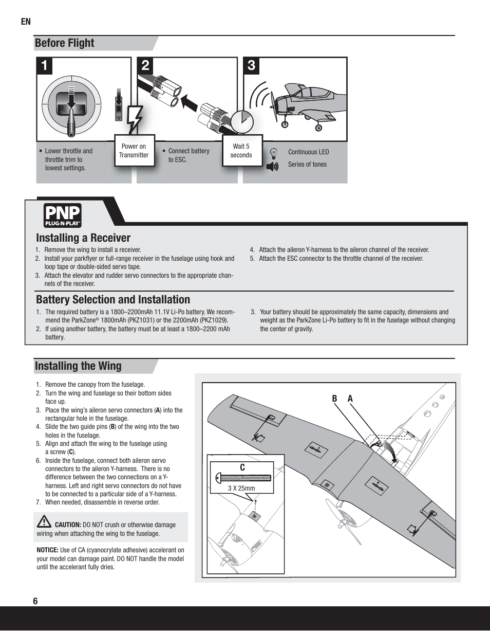 Before flight installing the wing | ParkZone PKZ4475 User Manual | Page 6 / 64