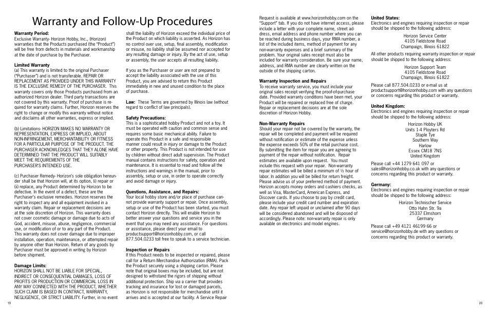 Warranty and follow-up procedures | ParkZone PKZ4600 User Manual | Page 10 / 10