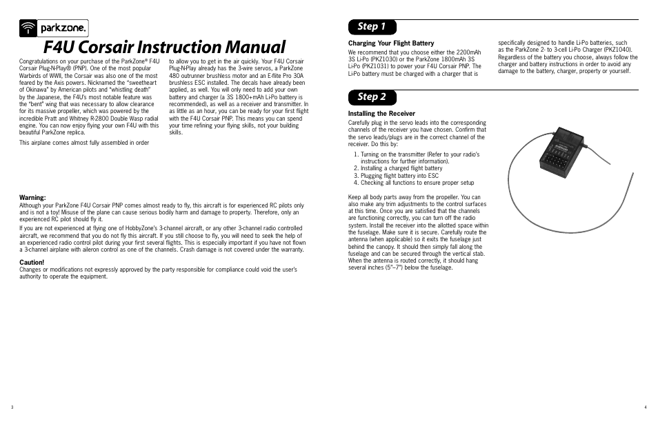 F4u corsair instruction manual, Step 1, Step 2 | ParkZone PKZ4675 User Manual | Page 2 / 10