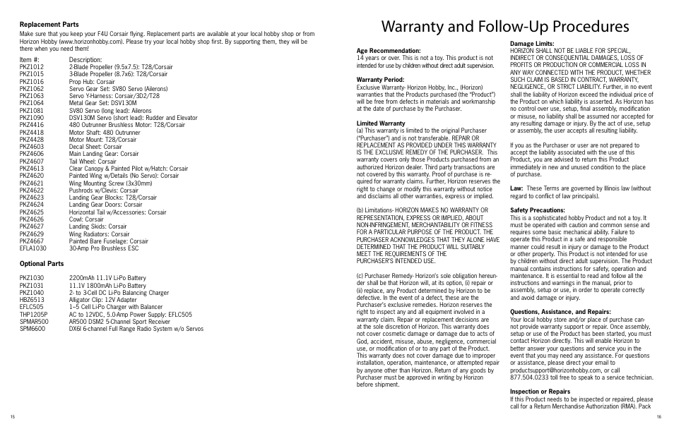 Warranty and follow-up procedures | ParkZone PKZ4675 User Manual | Page 8 / 10