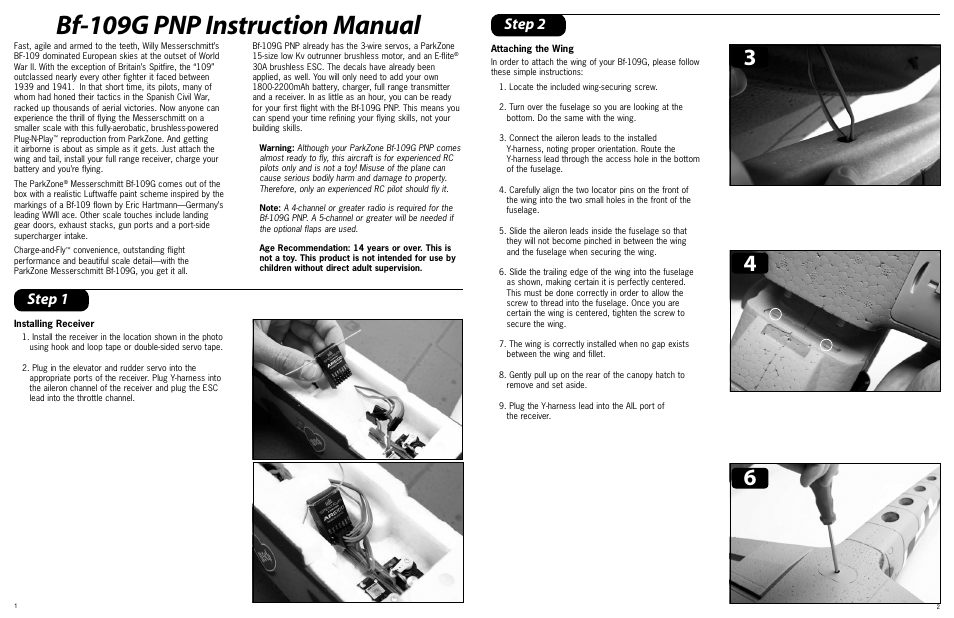 Bf-109g pnp instruction manual, Step 1, Step 2 | ParkZone PKZ4975 User Manual | Page 2 / 12