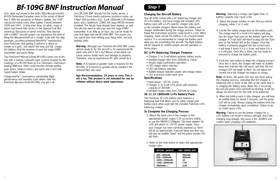 Bf-109g bnf instruction manual, Step 1 | ParkZone PKZ4980 User Manual | Page 2 / 12