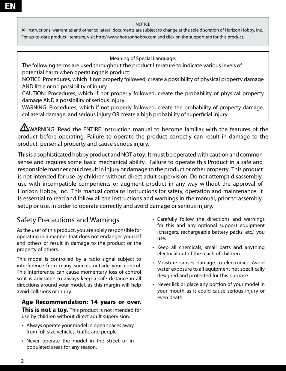 Safety precautions and warnings | ParkZone PKZ5280 User Manual | Page 2 / 82