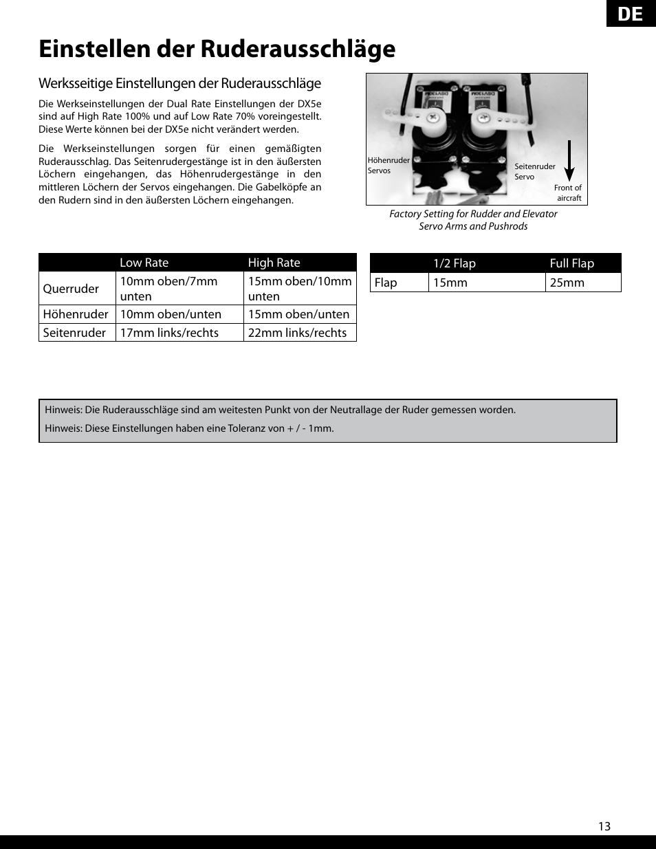 Einstellen der ruderausschläge, Werksseitige einstellungen der ruderausschläge | ParkZone PKZ5280 User Manual | Page 33 / 82