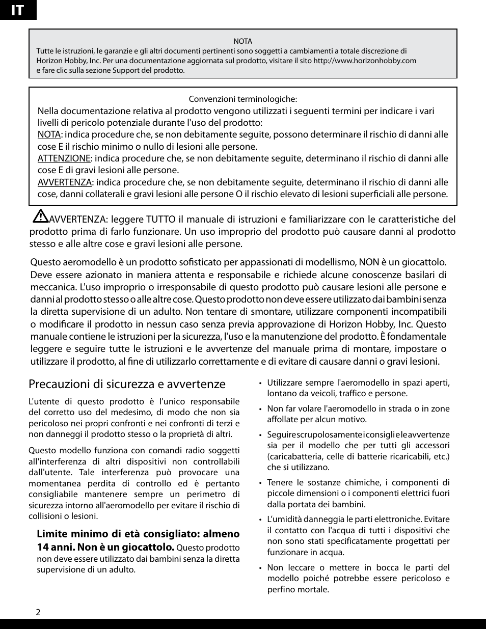 Precauzioni di sicurezza e avvertenze | ParkZone PKZ5280 User Manual | Page 62 / 82