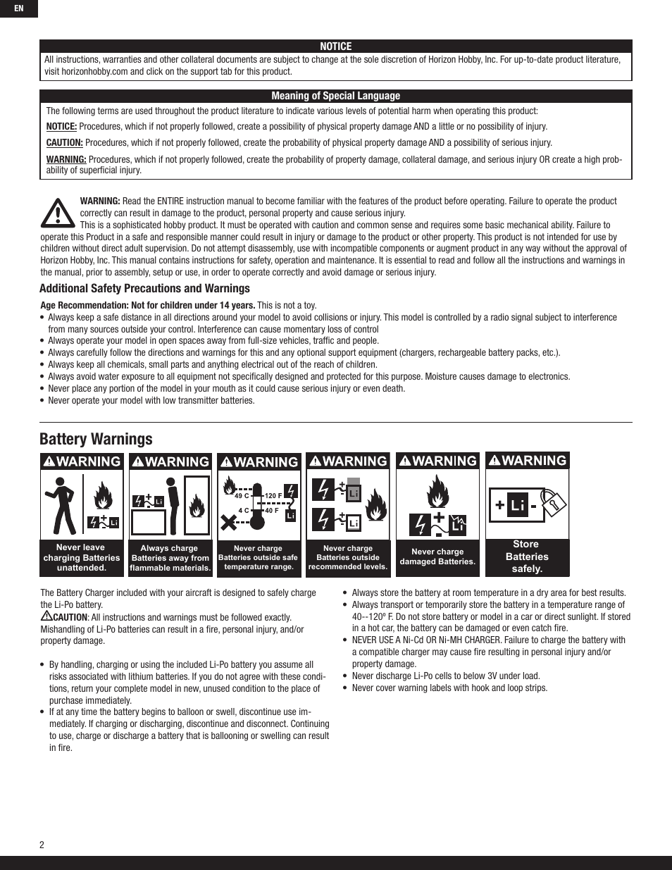 Battery warnings, Additional safety precautions and warnings | ParkZone PKZ5380 User Manual | Page 2 / 15