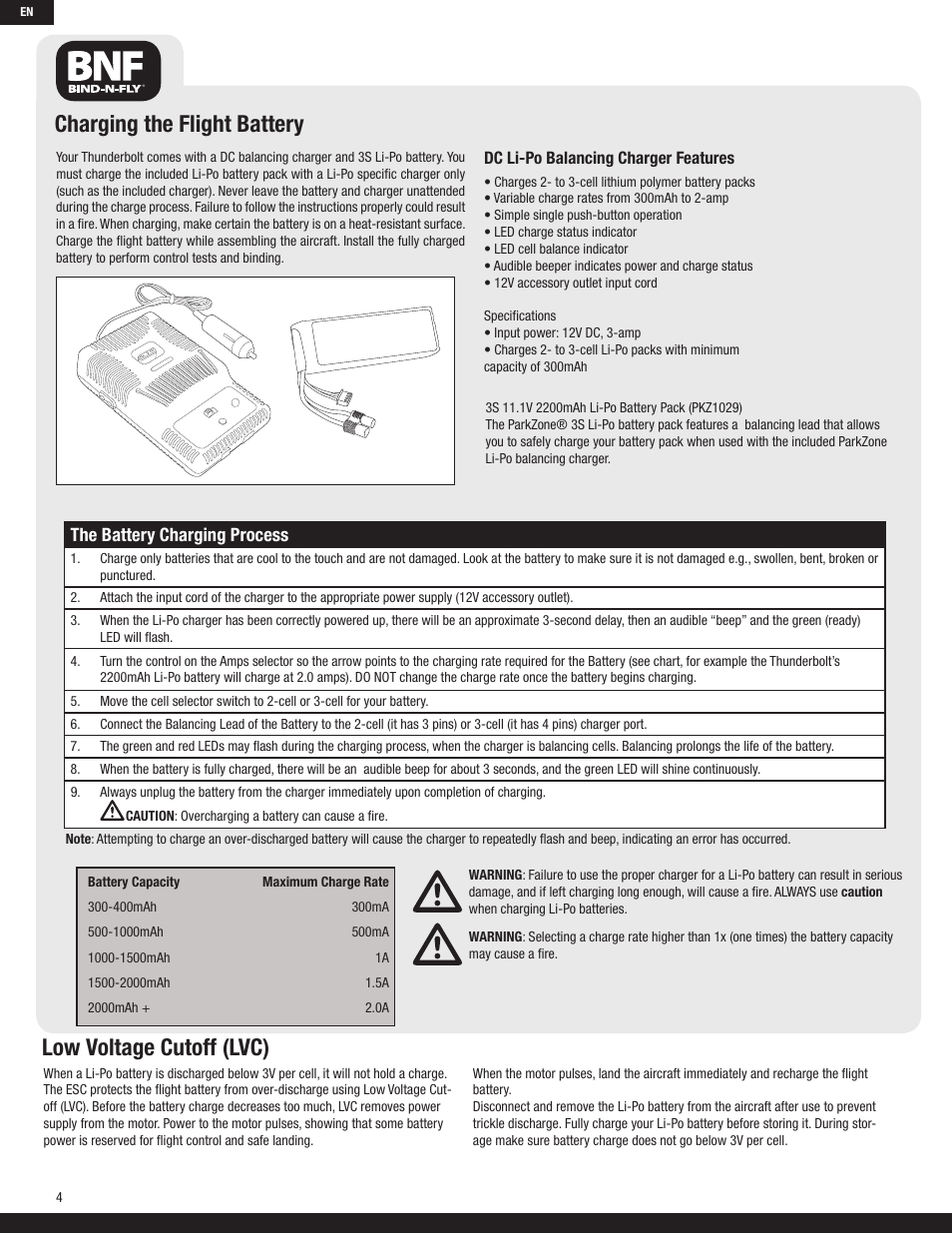 Charging the flight battery, Low voltage cutoff (lvc), The battery charging process | ParkZone PKZ5380 User Manual | Page 4 / 15