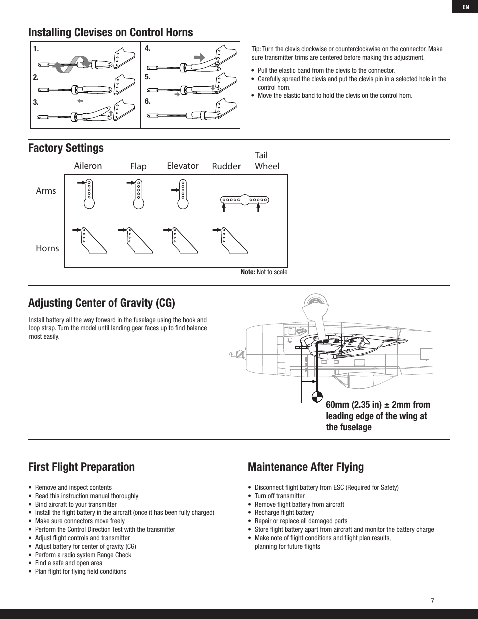 Installing clevises on control horns, Factory settings, Adjusting center of gravity (cg) | First flight preparation, Maintenance after flying | ParkZone PKZ5380 User Manual | Page 7 / 15