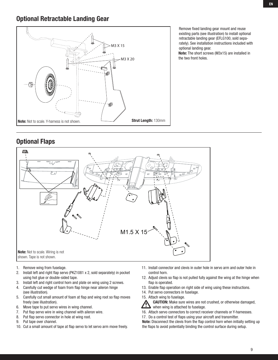 Optional retractable landing gear, Optional flaps, M1.5 x 15 | ParkZone PKZ5380 User Manual | Page 9 / 15