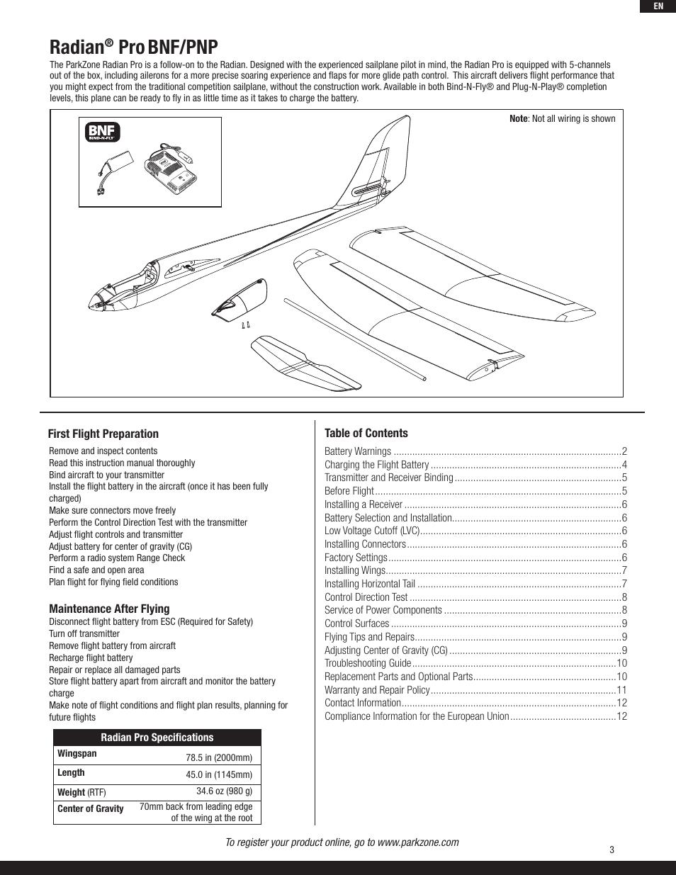 Radian, Bnf/pnp | ParkZone PKZ5480 User Manual | Page 3 / 13