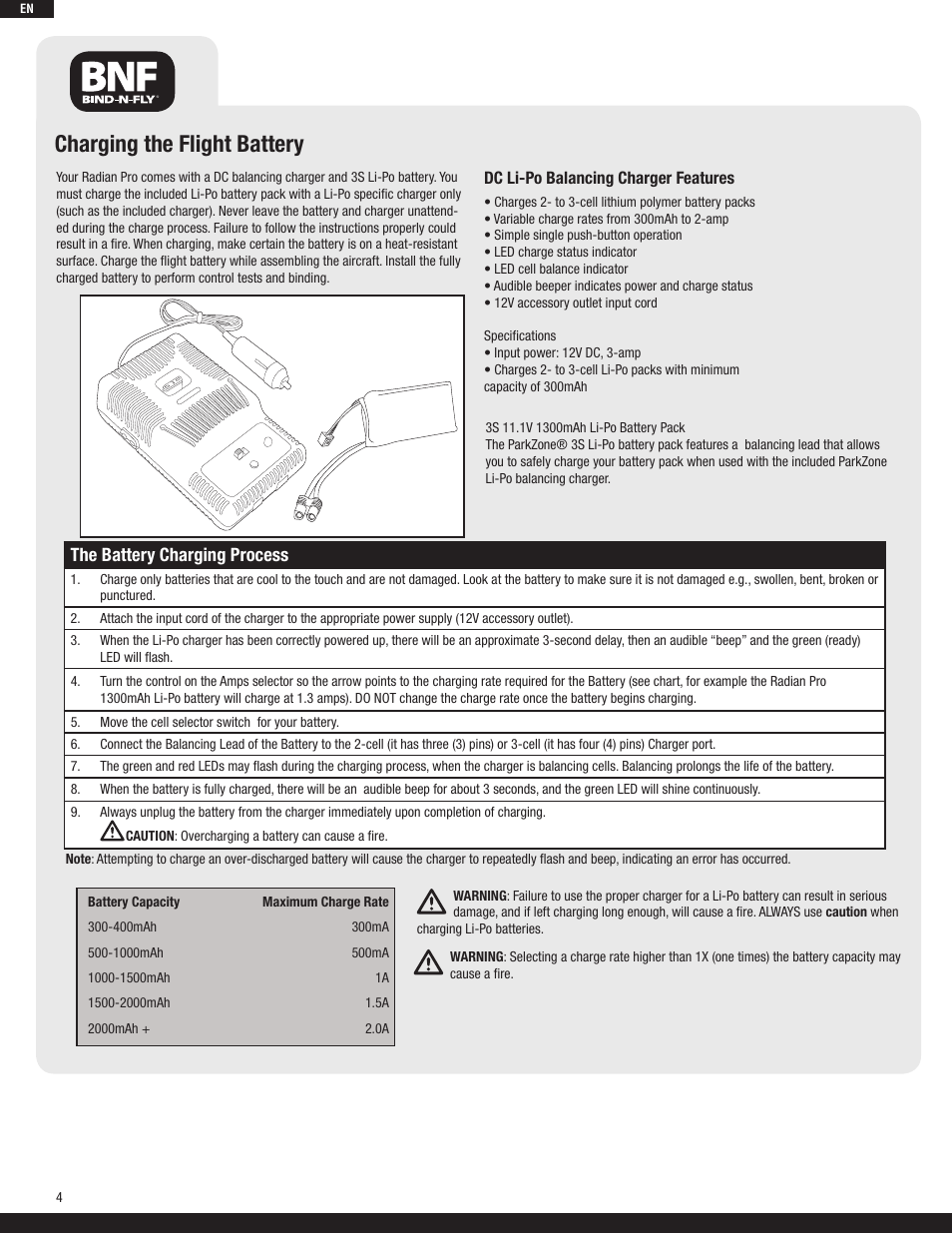 Charging the flight battery, The battery charging process | ParkZone PKZ5480 User Manual | Page 4 / 13