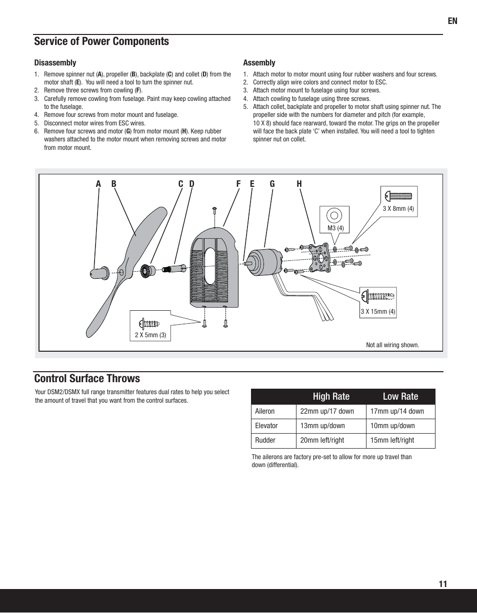 Service of power components, Control surface throws, High rate low rate | ParkZone PKZ5580 User Manual | Page 11 / 20