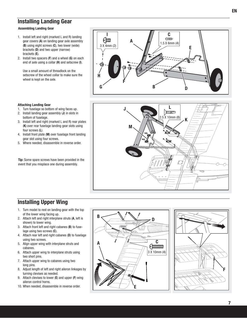 Installing landing gear, Installing upper wing | ParkZone PKZ5580 User Manual | Page 7 / 20