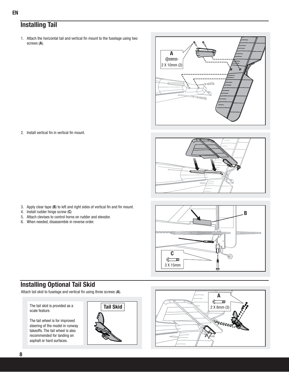 Installing tail, Installing optional tail skid | ParkZone PKZ5580 User Manual | Page 8 / 20