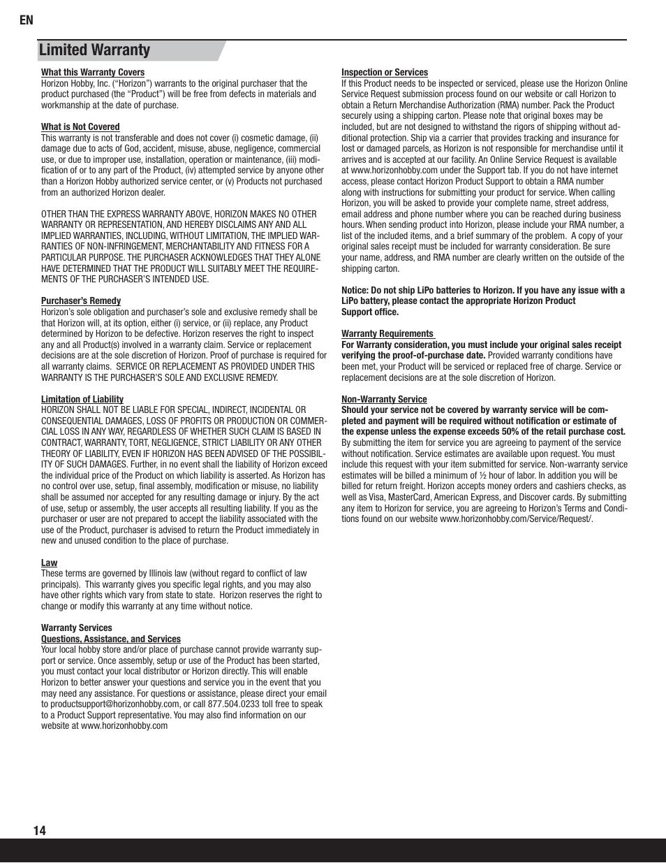 Limited warranty | ParkZone PKZ5780 User Manual | Page 14 / 18