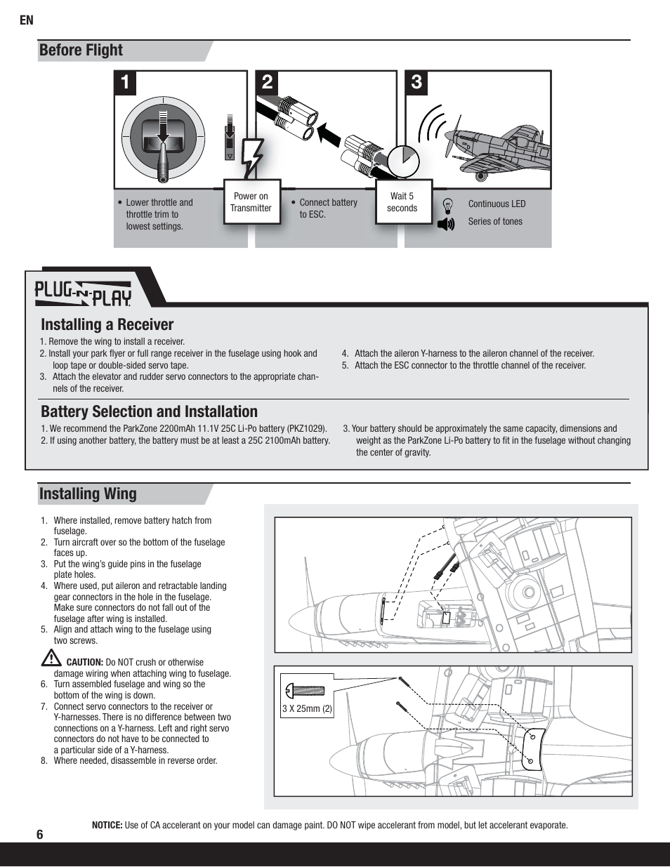 Before flight installing wing | ParkZone PKZ5780 User Manual | Page 6 / 18