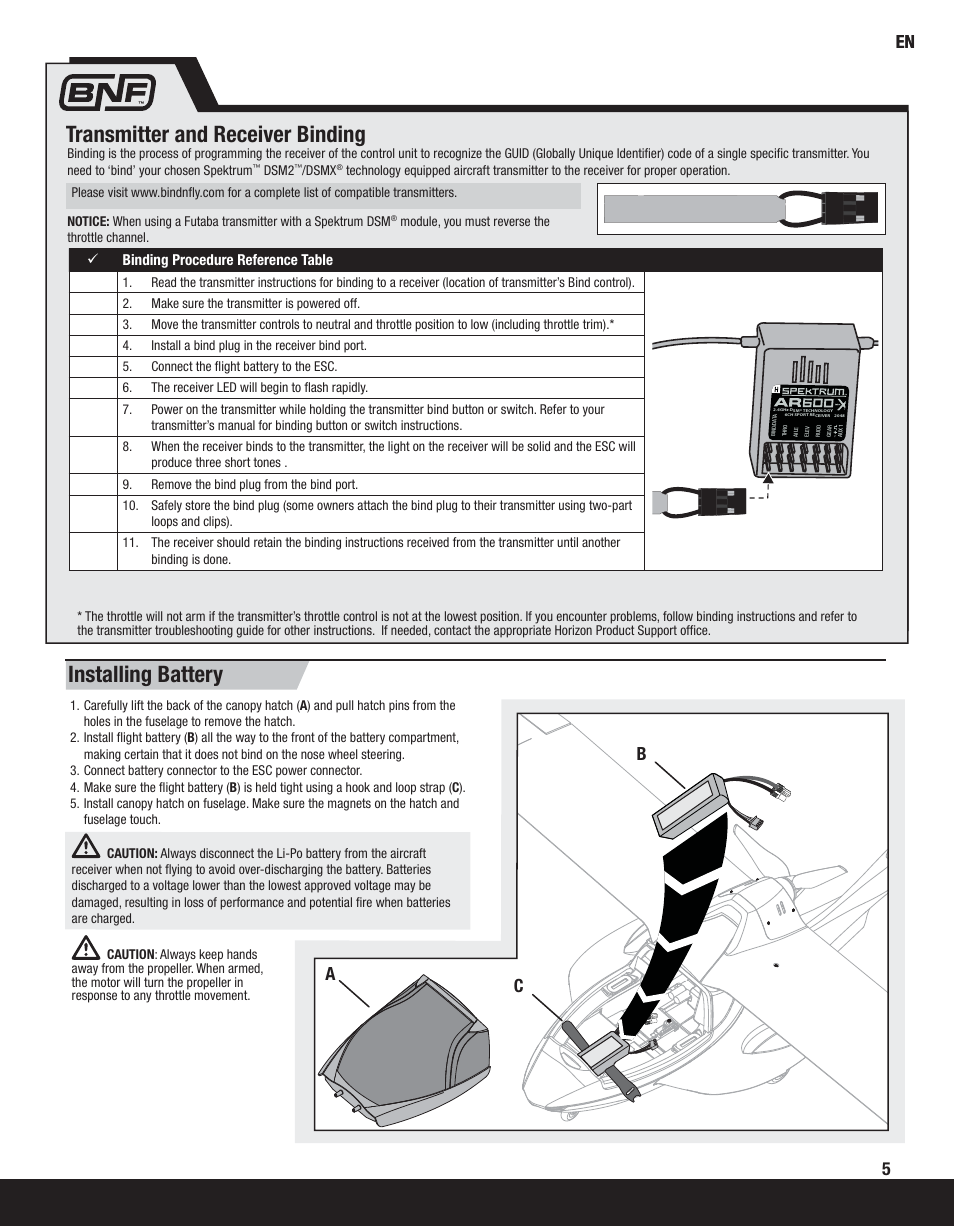 Transmitter and receiver binding, Installing battery, Cb 5 | ParkZone PKZ5880 User Manual | Page 5 / 19