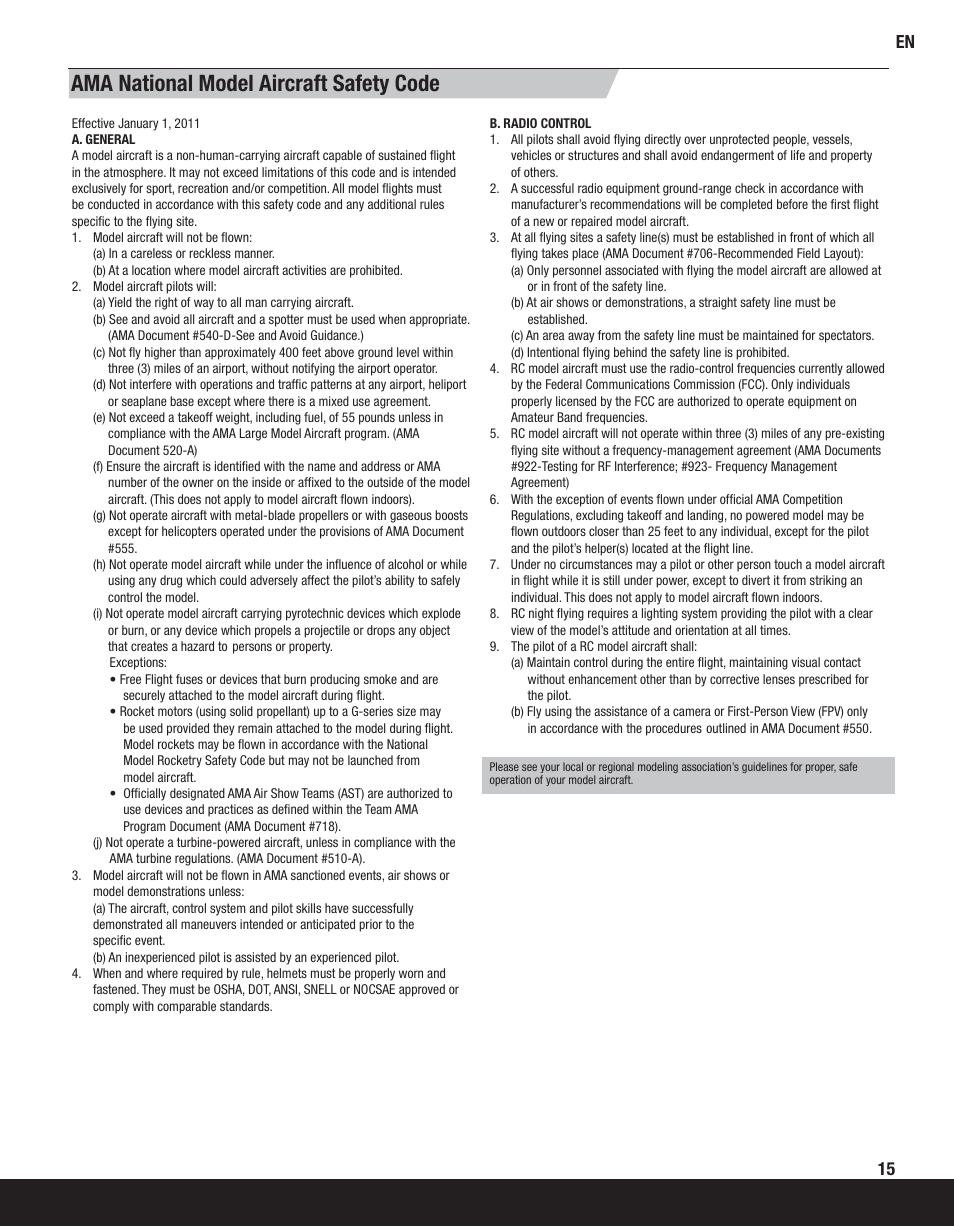 Ama national model aircraft safety code | ParkZone PKZ5980 User Manual | Page 15 / 21