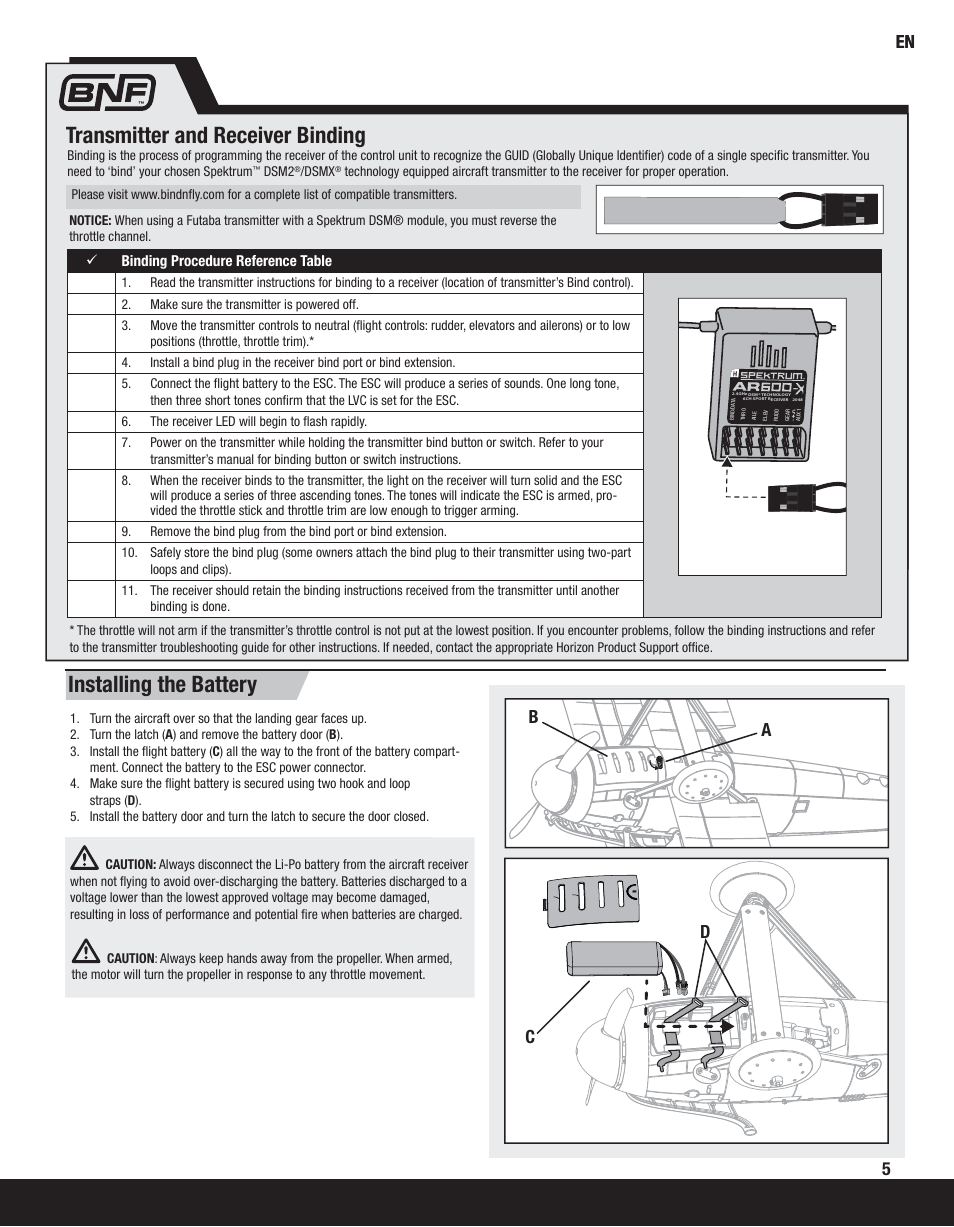 Transmitter and receiver binding, Installing the battery, Ab c d | ParkZone PKZ5980 User Manual | Page 5 / 21