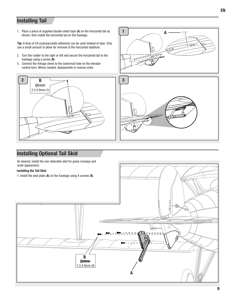 Installing optional tail skid, Installing tail | ParkZone PKZ5980 User Manual | Page 9 / 21