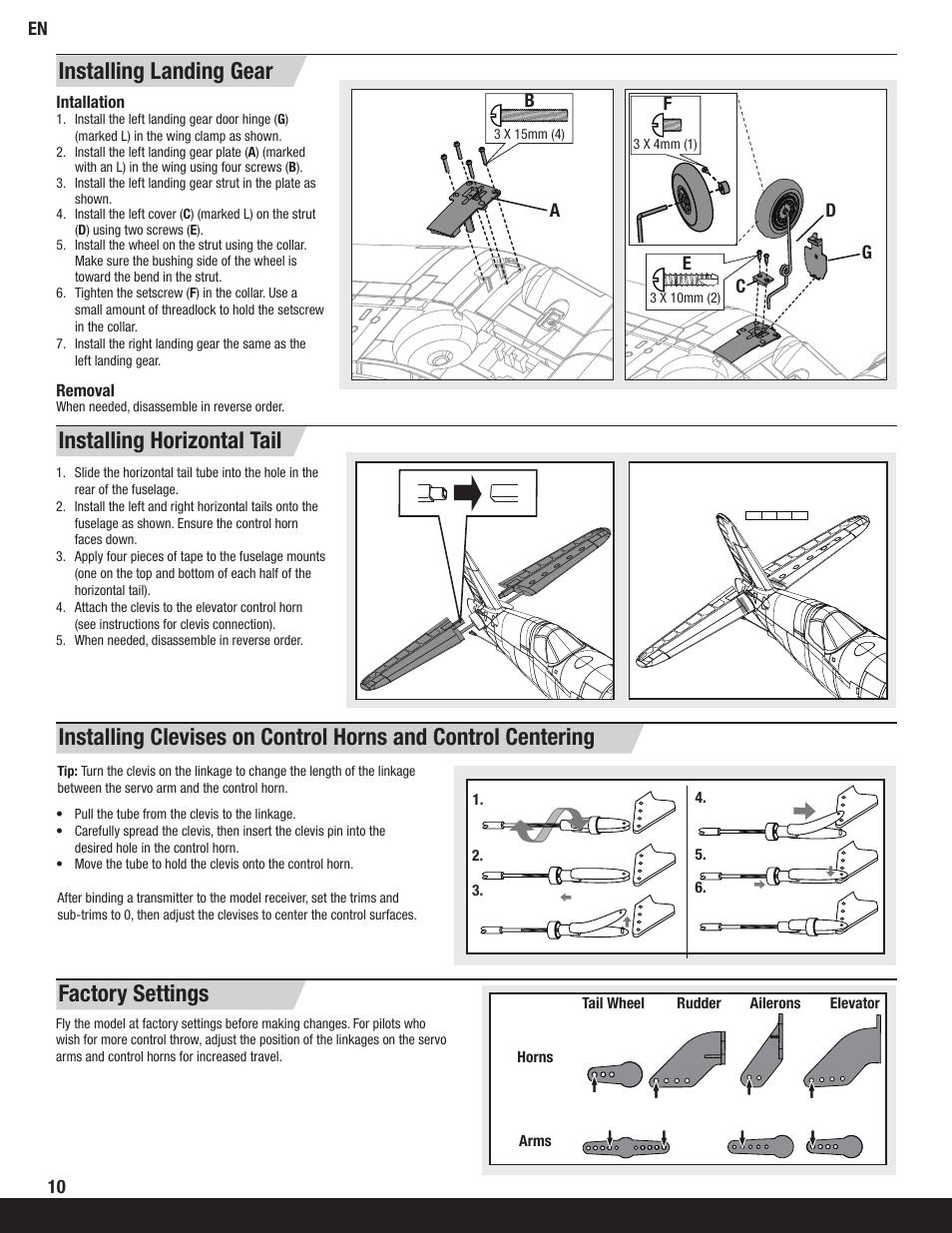 Installing horizontal tail installing landing gear | ParkZone PKZ6080 User Manual | Page 10 / 22