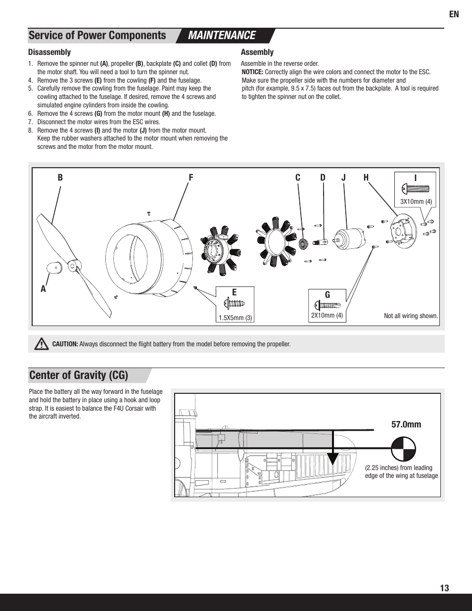 Service of power components maintenance, Center of gravity (cg) | ParkZone PKZ6080 User Manual | Page 13 / 22