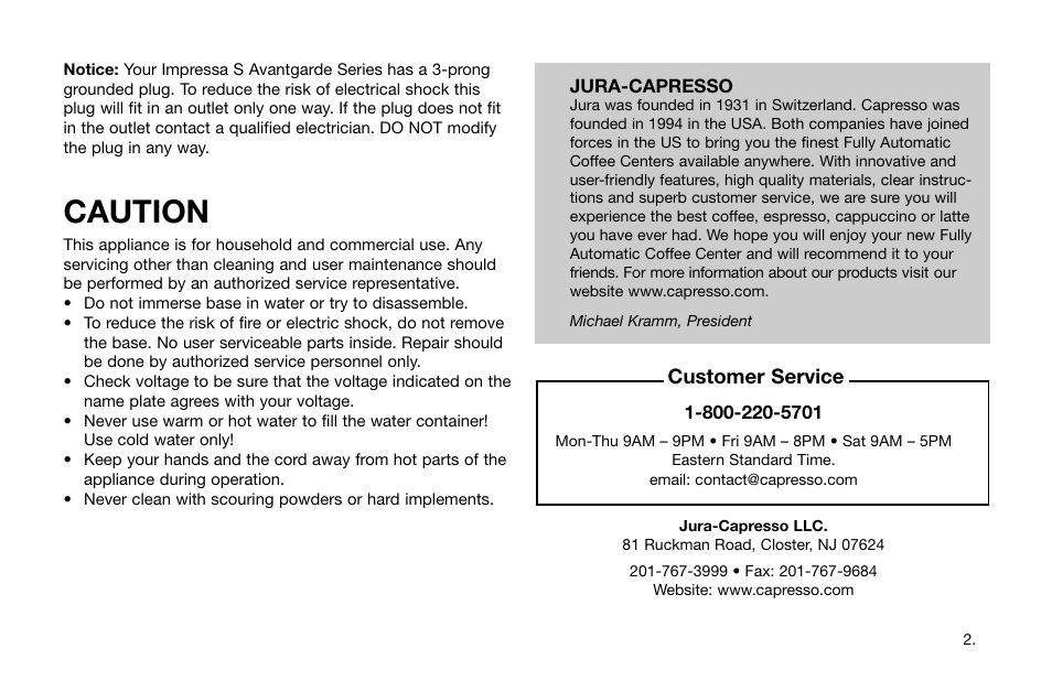 Caution, Customer service | Capresso Impressa S Avantgarde Series User Manual | Page 3 / 35