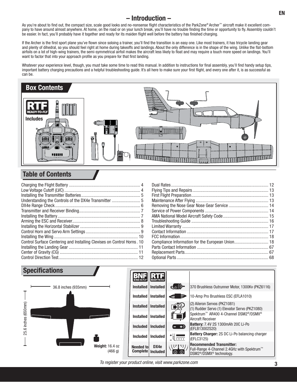 Introduction, Table of contents speciﬁ cations, Box contents | ParkZone PKZ6180 User Manual | Page 3 / 21