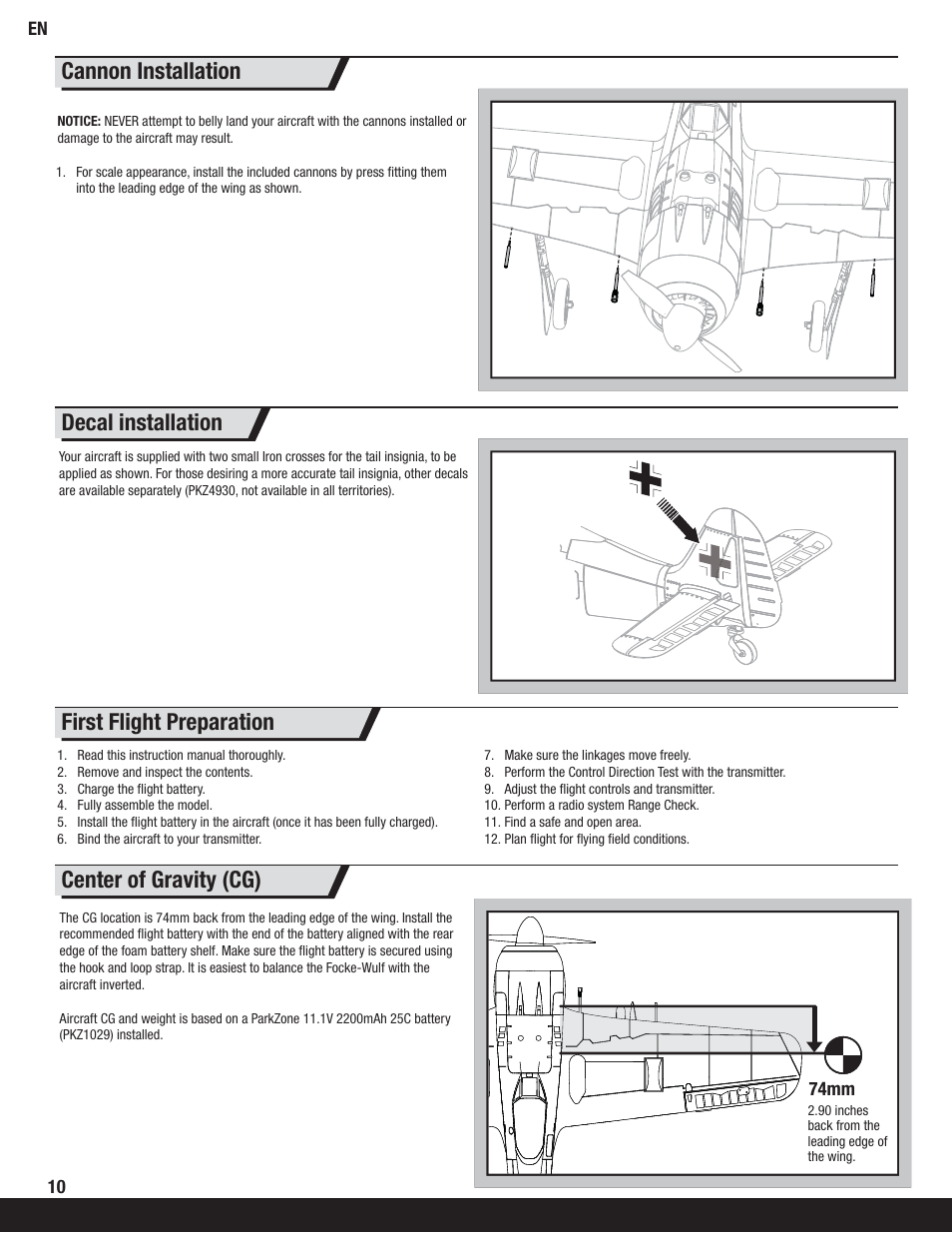Center of gravity (cg), Cannon installation decal installation, First flight preparation | ParkZone PKZ6250 User Manual | Page 10 / 20
