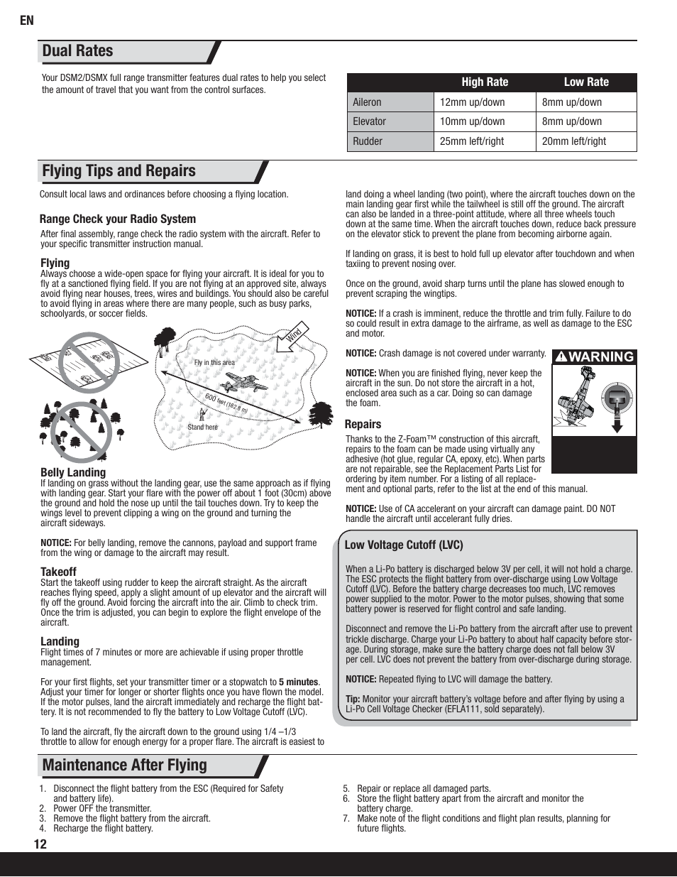 Dual rates, Maintenance after flying flying tips and repairs | ParkZone PKZ6250 User Manual | Page 12 / 20