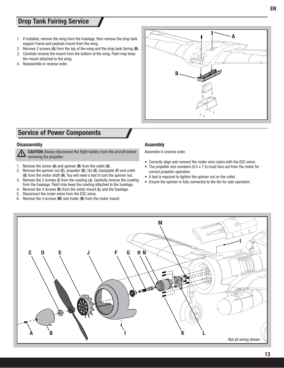 Service of power components, Drop tank fairing service | ParkZone PKZ6250 User Manual | Page 13 / 20