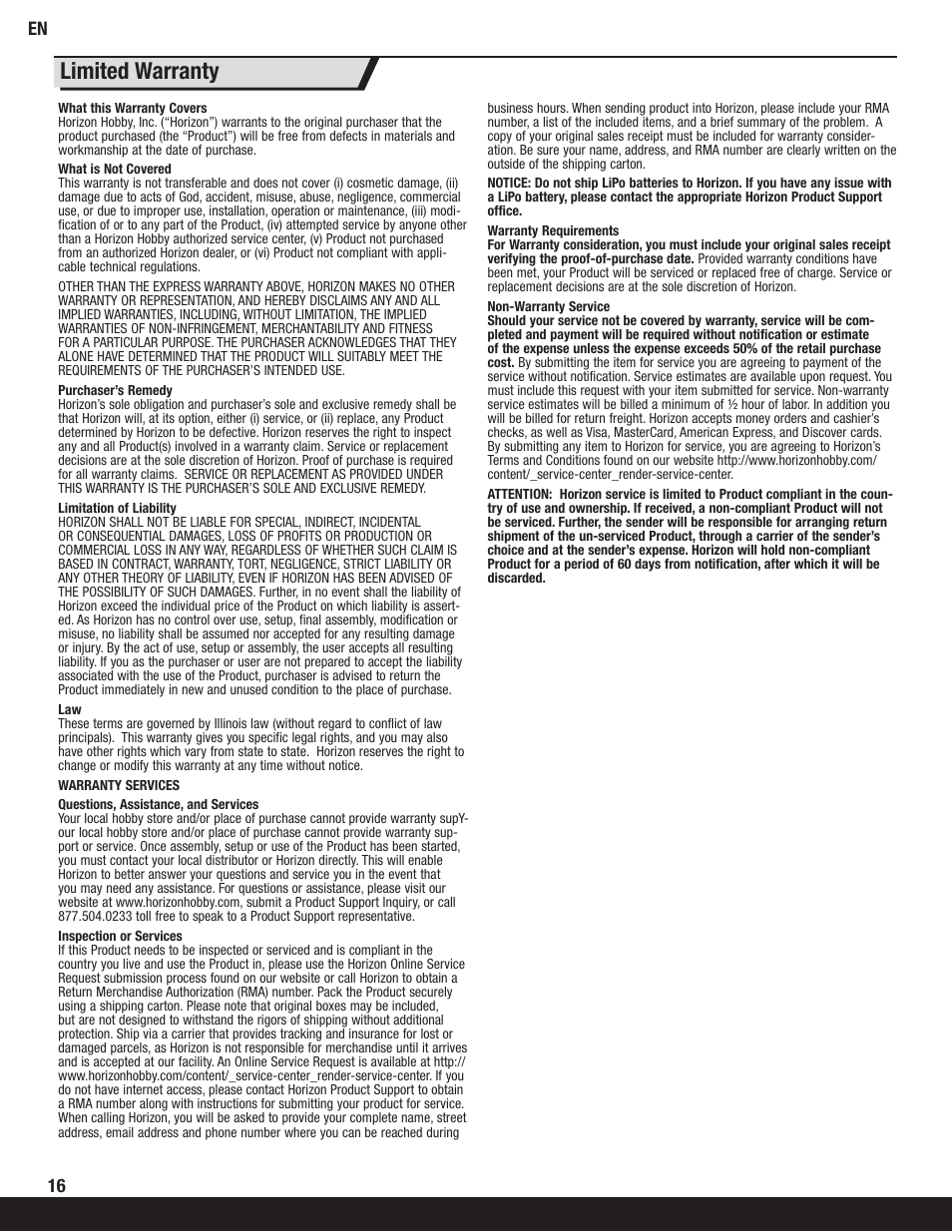 Limited warranty | ParkZone PKZ6250 User Manual | Page 16 / 20