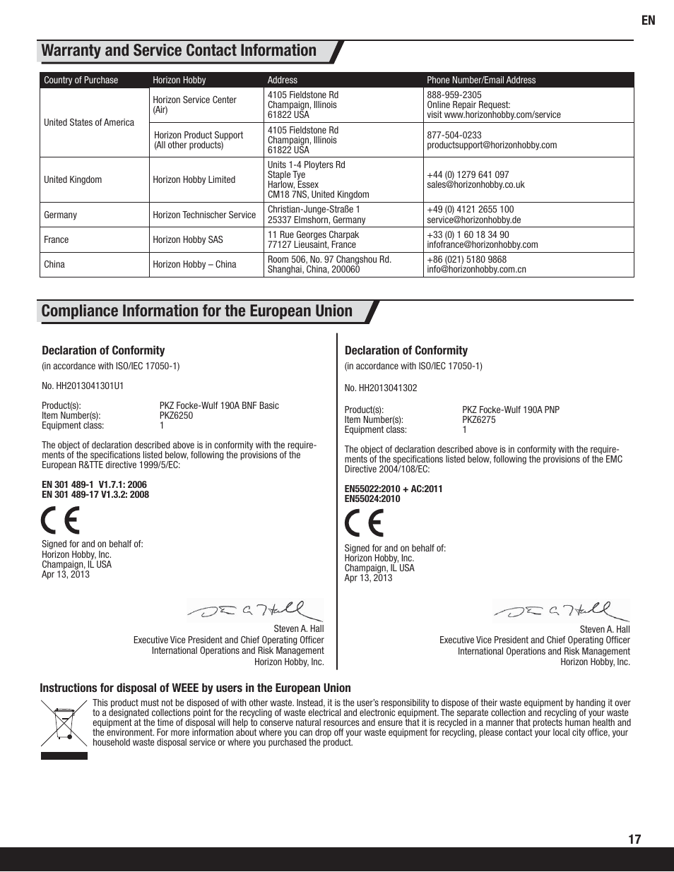 Compliance information for the european union, Warranty and service contact information | ParkZone PKZ6250 User Manual | Page 17 / 20