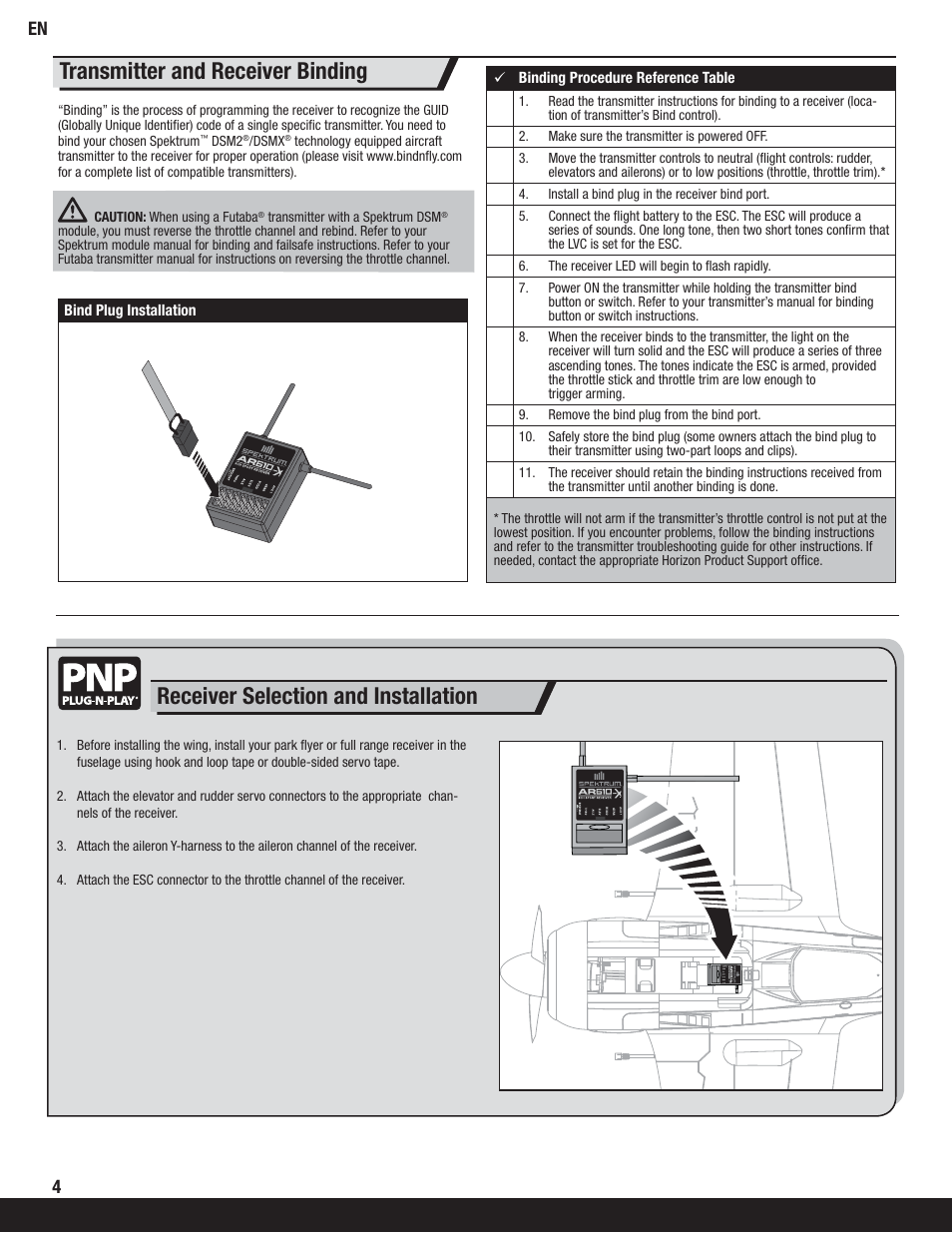 Transmitter and receiver binding, Receiver selection and installation | ParkZone PKZ6250 User Manual | Page 4 / 20