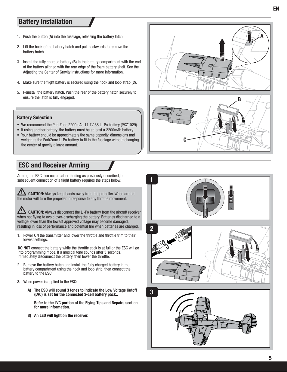 Battery installation, Esc and receiver arming | ParkZone PKZ6250 User Manual | Page 5 / 20
