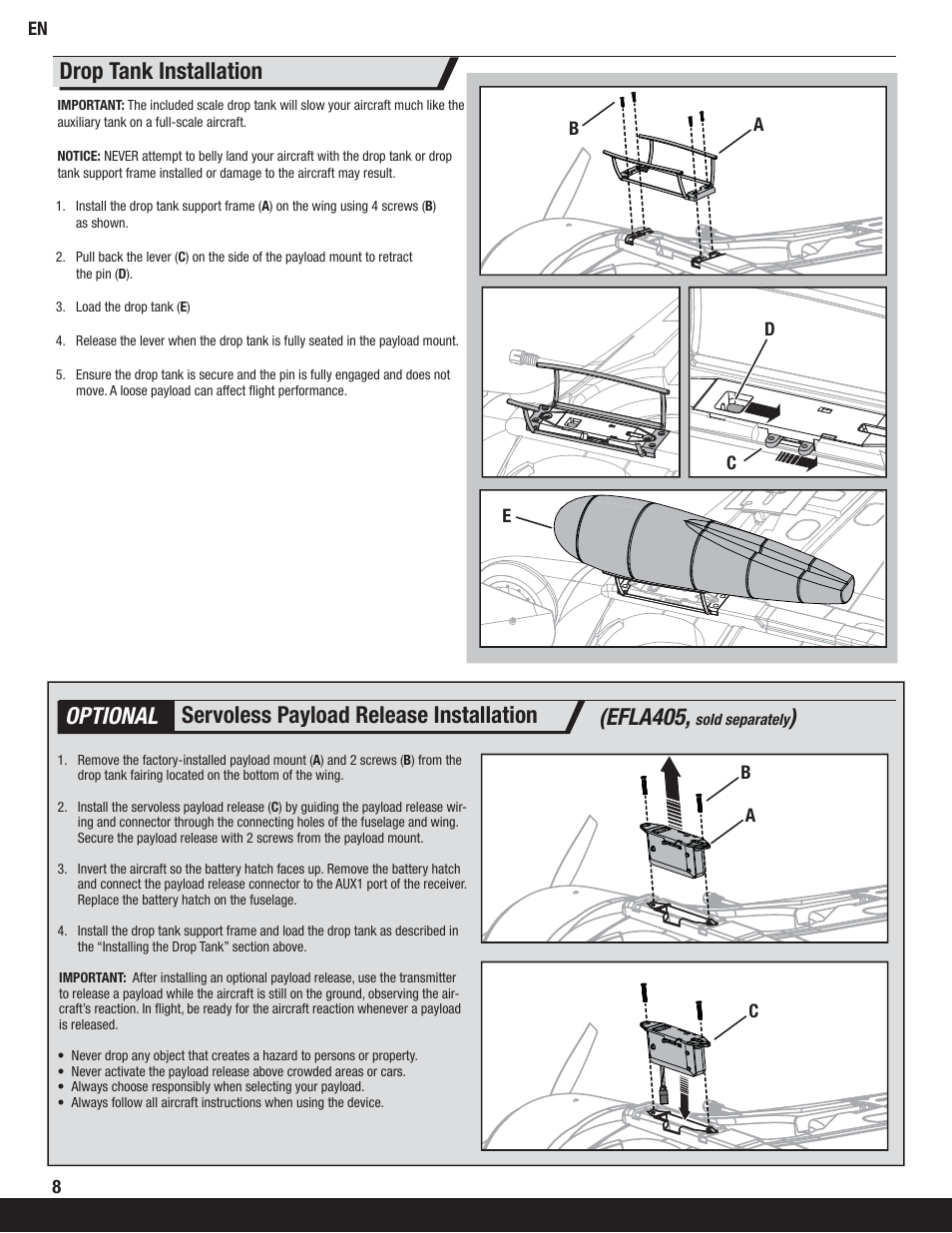 Drop tank installation (efla405, Servoless payload release installation optional | ParkZone PKZ6250 User Manual | Page 8 / 20