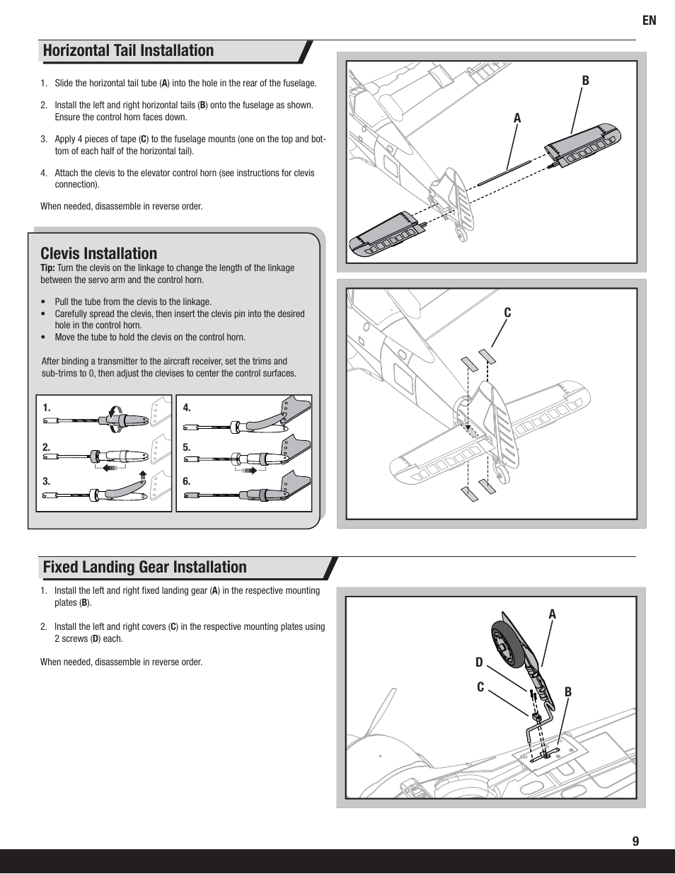 Fixed landing gear installation, Clevis installation, Horizontal tail installation | ParkZone PKZ6250 User Manual | Page 9 / 20
