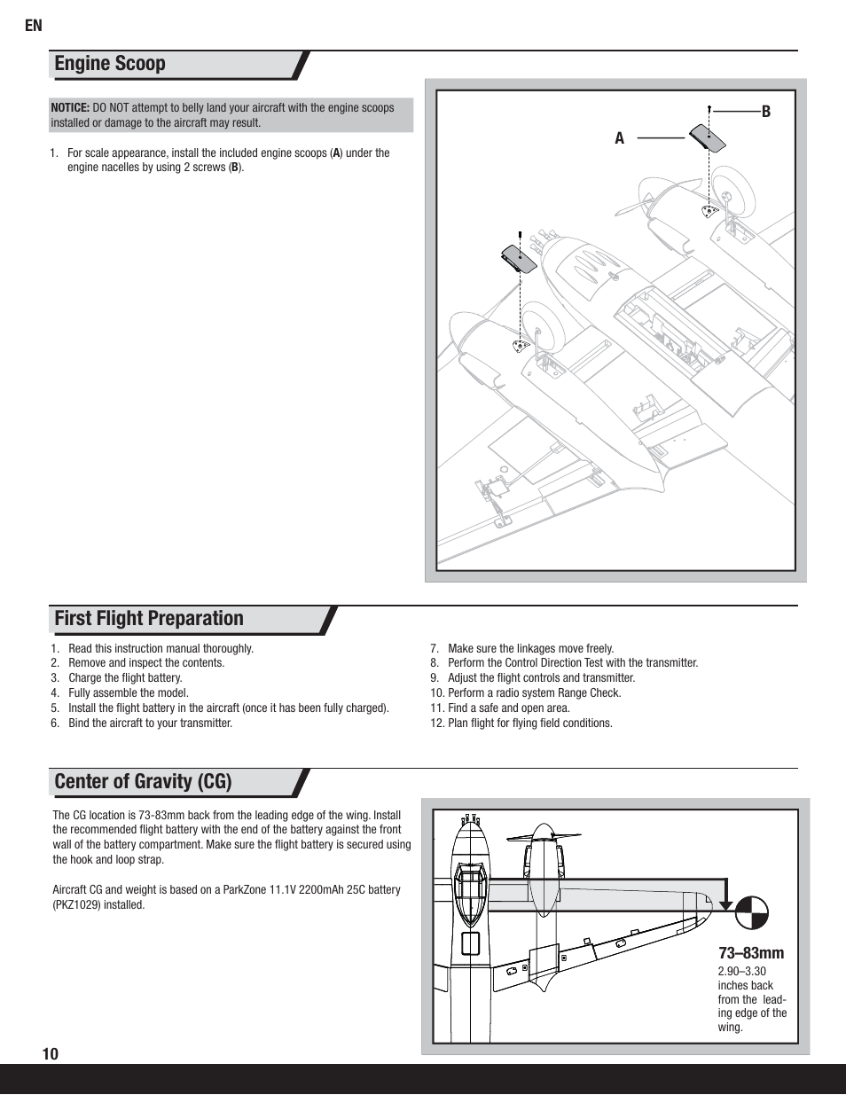 Center of gravity (cg), Engine scoop, First flight preparation | ParkZone PKZ6375 User Manual | Page 10 / 19