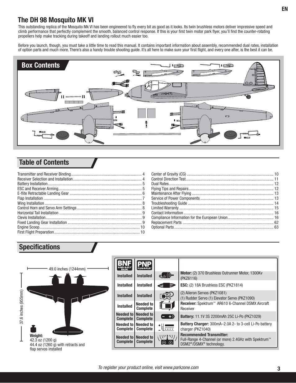 The dh 98 mosquito mk vi, Speciﬁ cations, Box contents table of contents | ParkZone PKZ6375 User Manual | Page 3 / 19